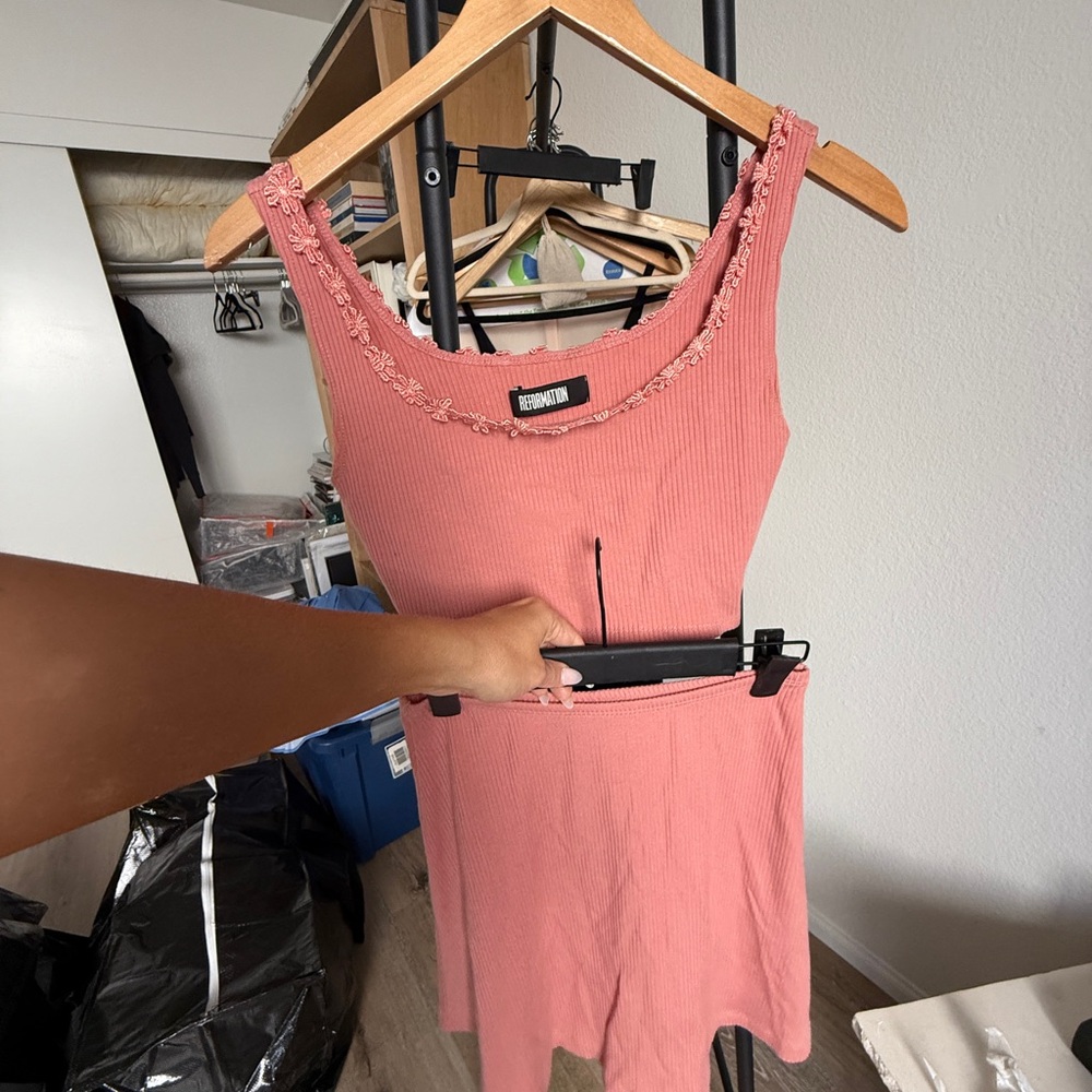 Reformation Coral Ribbed Dress with Floral Detail